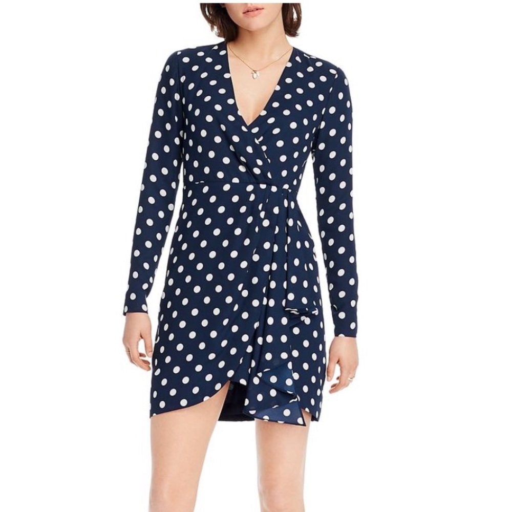 LINI Katie Polka Dot Pleated Faux Wrap Dress Navy Large